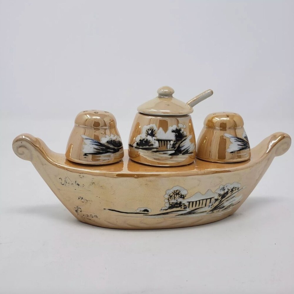 Vintage Condiment Set Salt & Pepper Mustard Jar w/ Spoon Lusterware Japan Boat